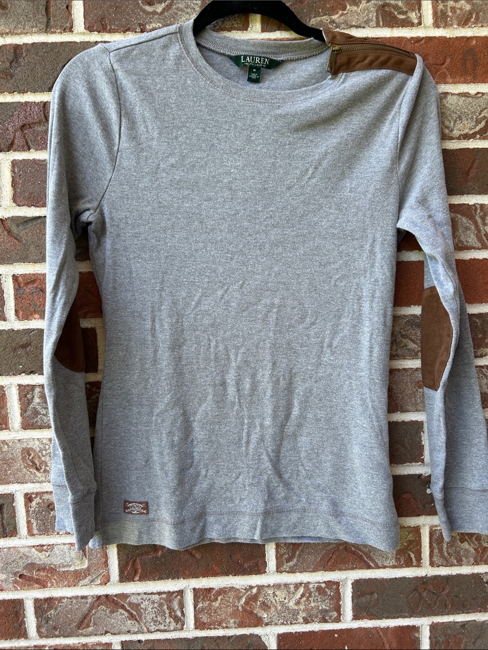 Lauren Ralph Lauren Gray Long-Sleeve Tee with Brown Elbow Patches